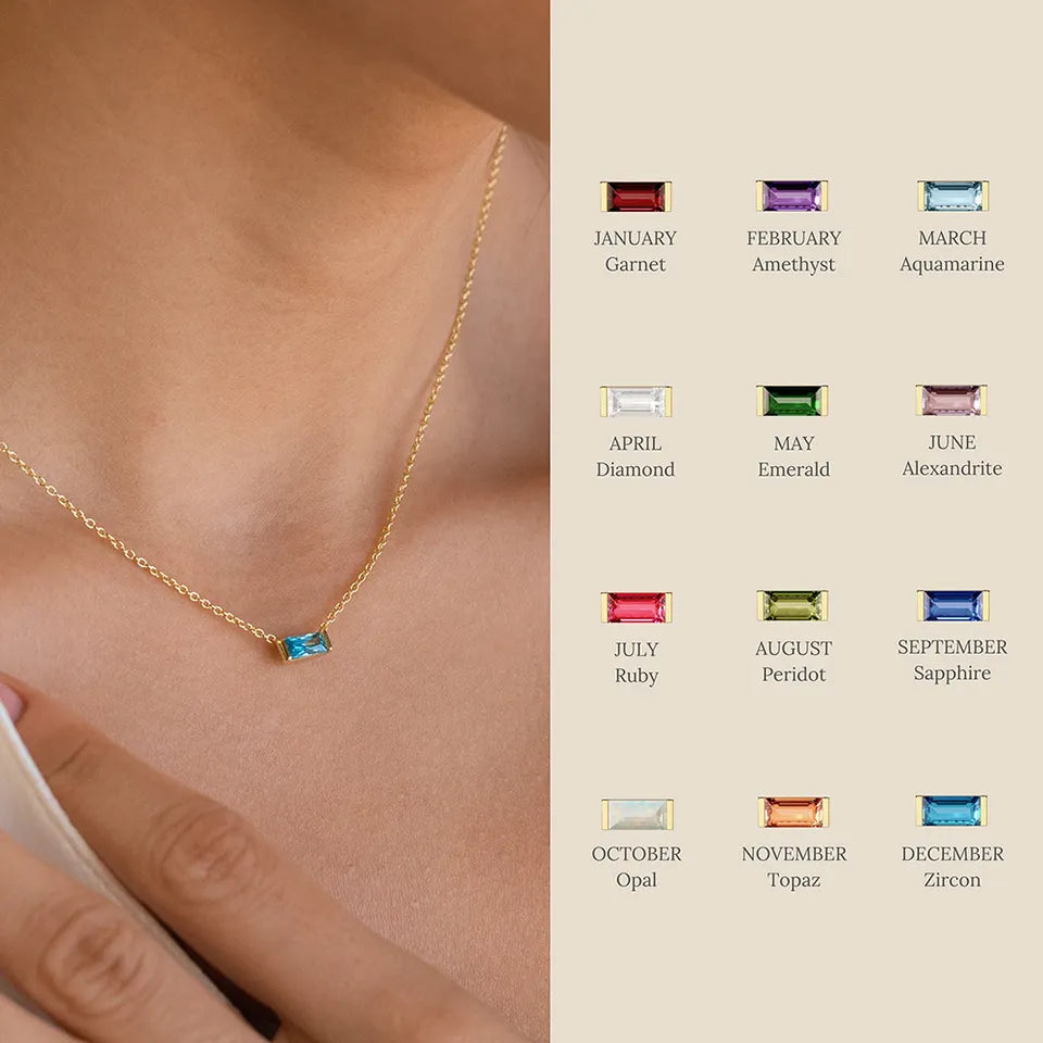 Dainty Baguette Birthstone CZ Charm Necklace