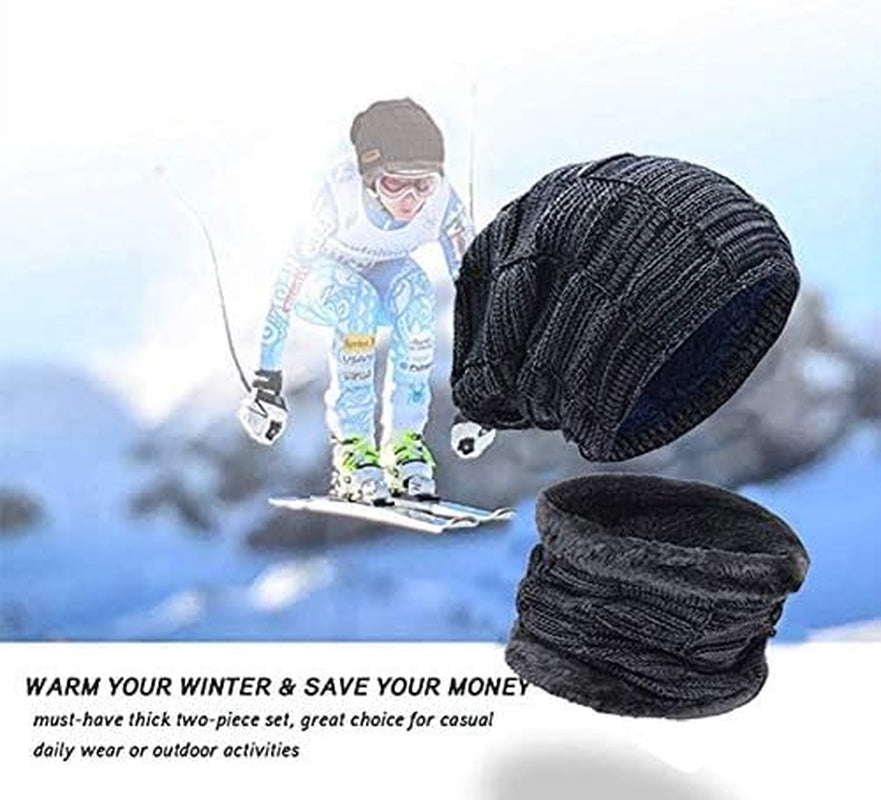 2Pieces Mens Winter Beanie Hat Fleece Lined Scarf Set Knit Warm Thick Skull Cap Neck Warmer for Men & Women