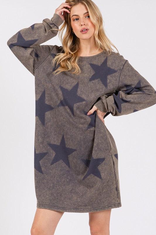 SAGE + FIG Washed Star Print Round Neck Dress-0