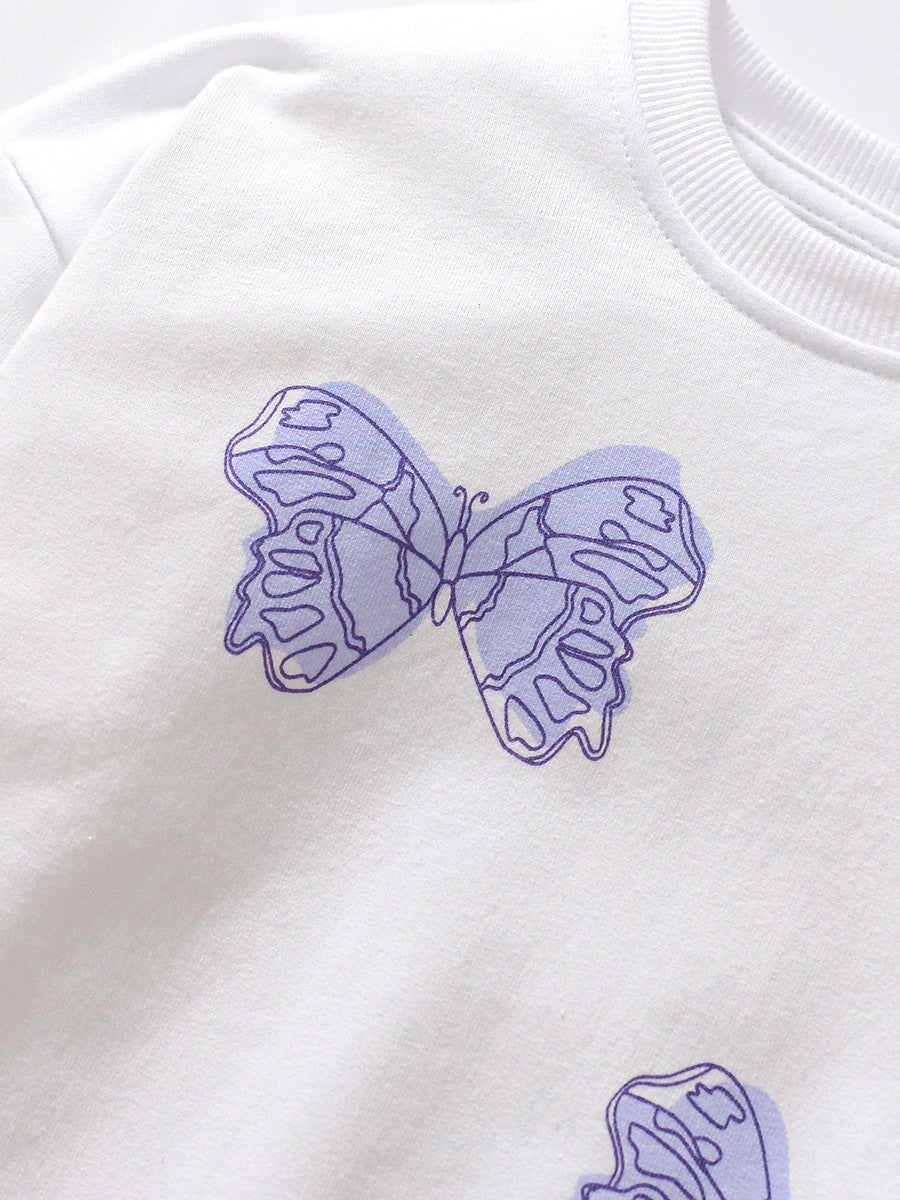Autumn Baby Kids Girls Purple Butterfly Pattern White Pullover Clothing Long Sleeves Top Sweatshirt-3