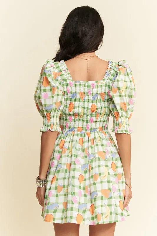 Davi & Dani Fruits Printed Smocking Mini Dress-3