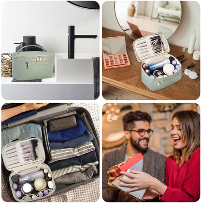 Makeup Bag, Travel Make up Organizer Cosmetic Brush Bags Case for Women in Vegan Leather, Sage Green, Patent Pending