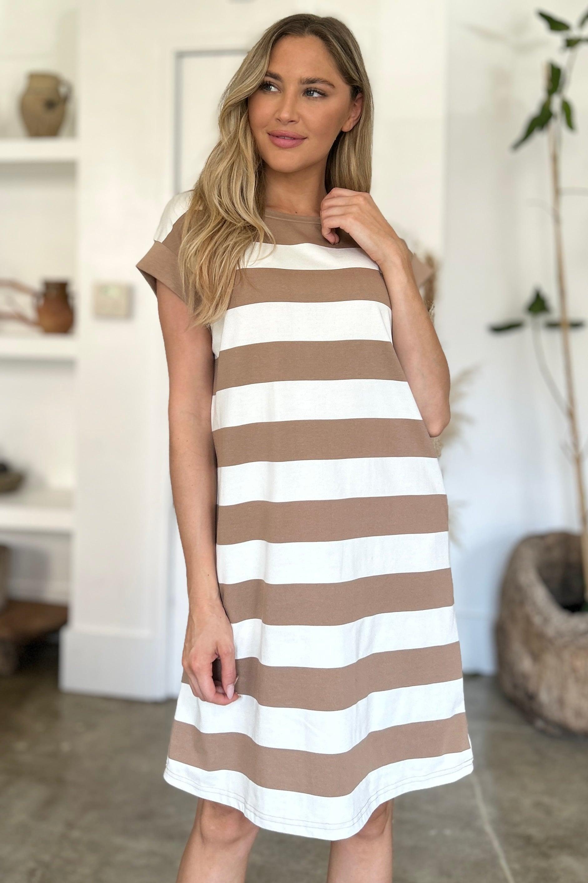 Basic Bae Full Size Striped Round Neck Cap Sleeve Mini Dress-1