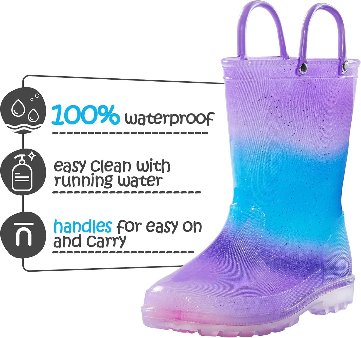 Kids Rain Boots, Waterproof Light up Boots with Easy-On Handles