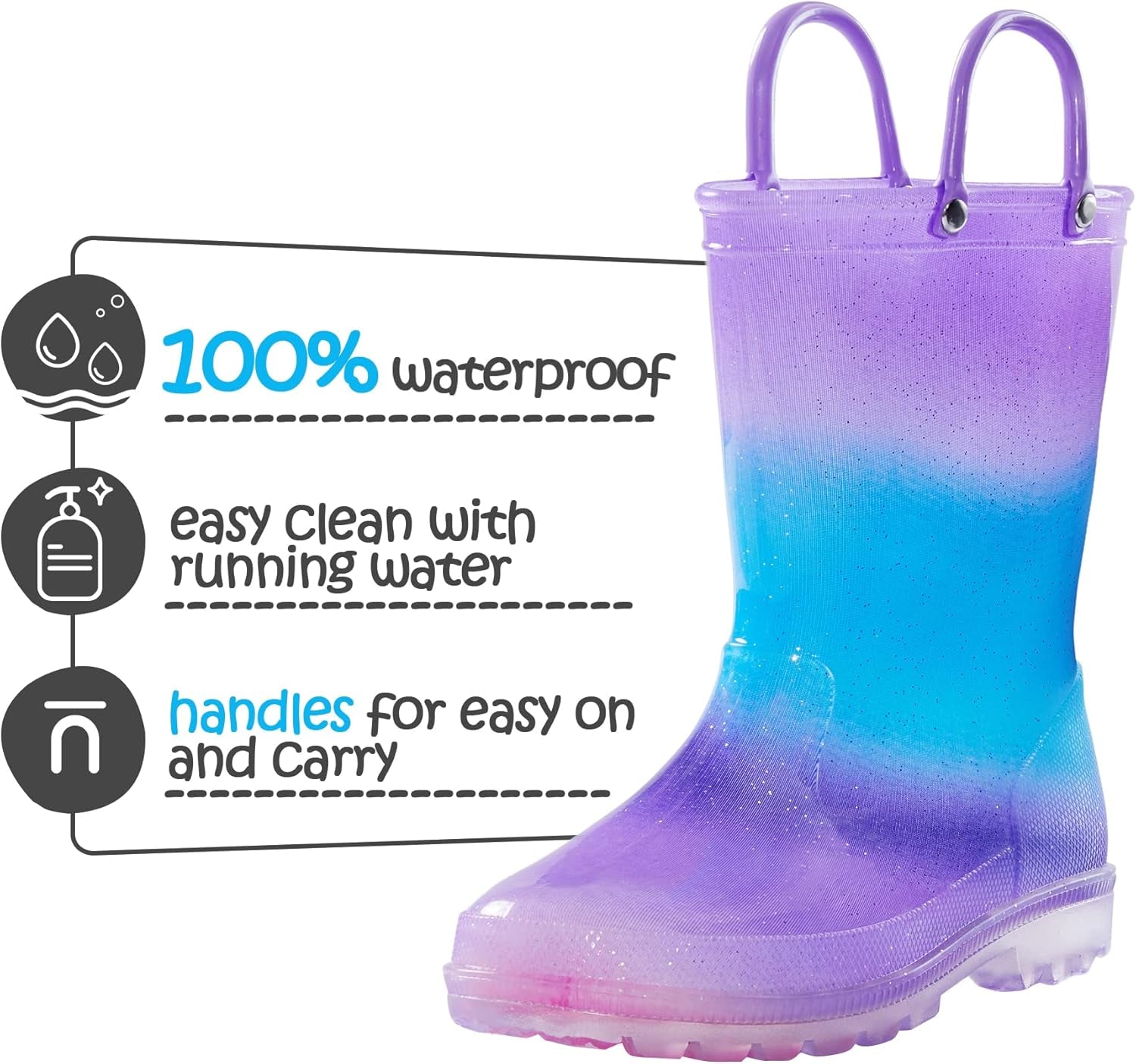 Kids Rain Boots, Waterproof Light up Boots with Easy-On Handles