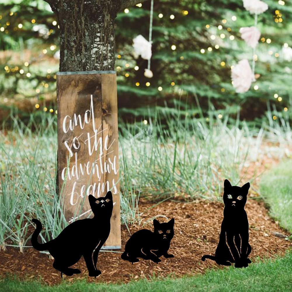 Garden Decor for Outside, 3 Pack Metal Cat Decorative Garden Stakes, Black Cat Silhouette Yard Stakes Spring Garden Decor Outdoor Statues with Reflective Eyes Cat Gifts for Cat Lovers