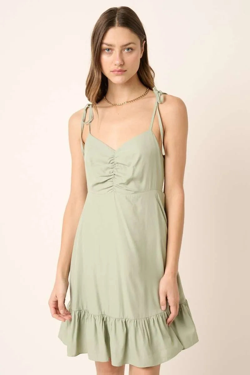 Mittoshop Ruched Detail Spaghetti Tie Mini Dress-0