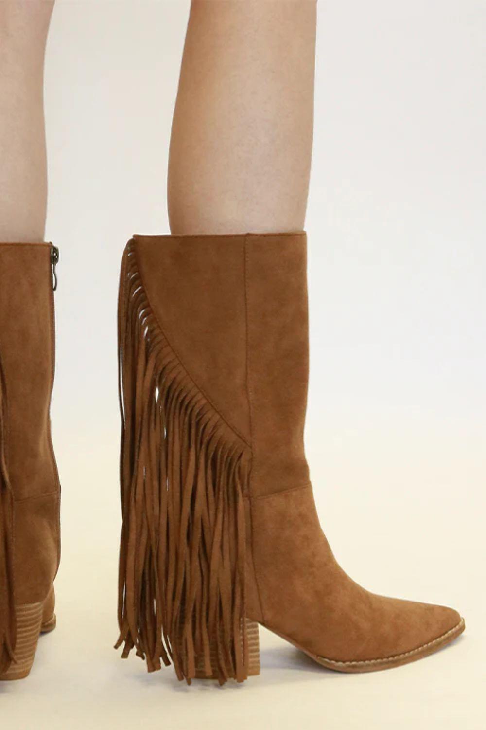 MayFair Suede Fringe Point Toe Boots-0