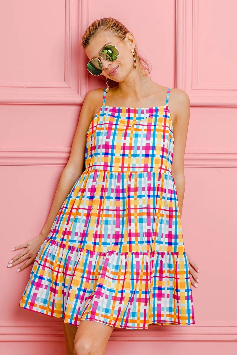 BiBi Multi Colors Plaid Sleeveless Sun Dress-2