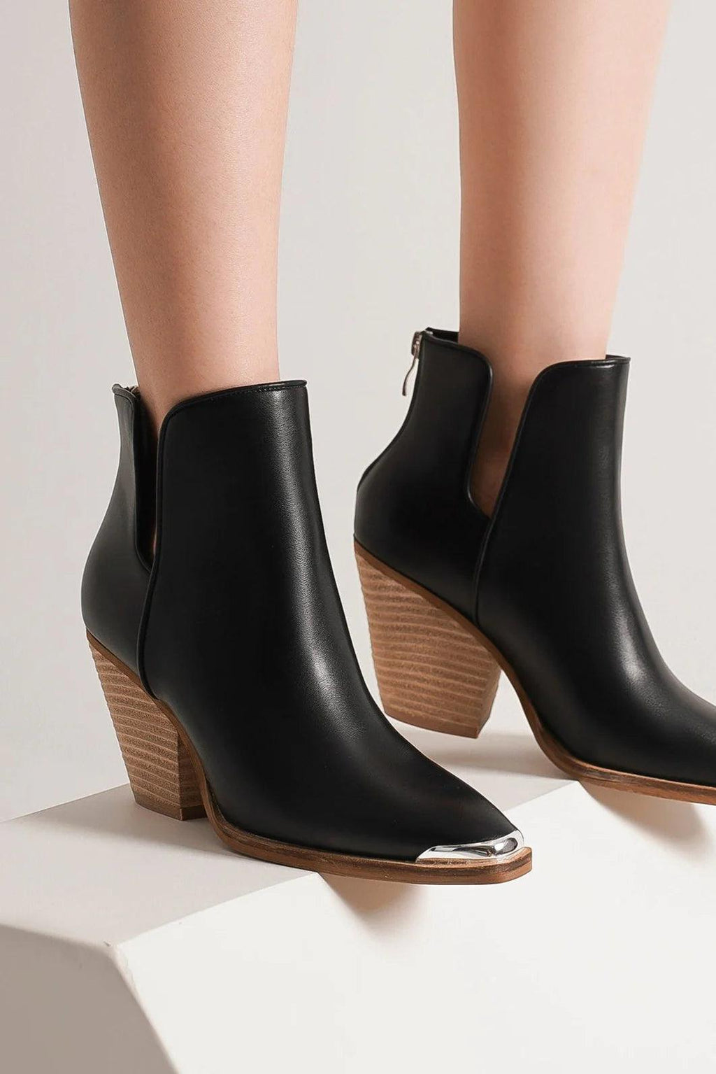 MayFair Pointed Metal-Tip Toe Block Heel Ankle Boots-0