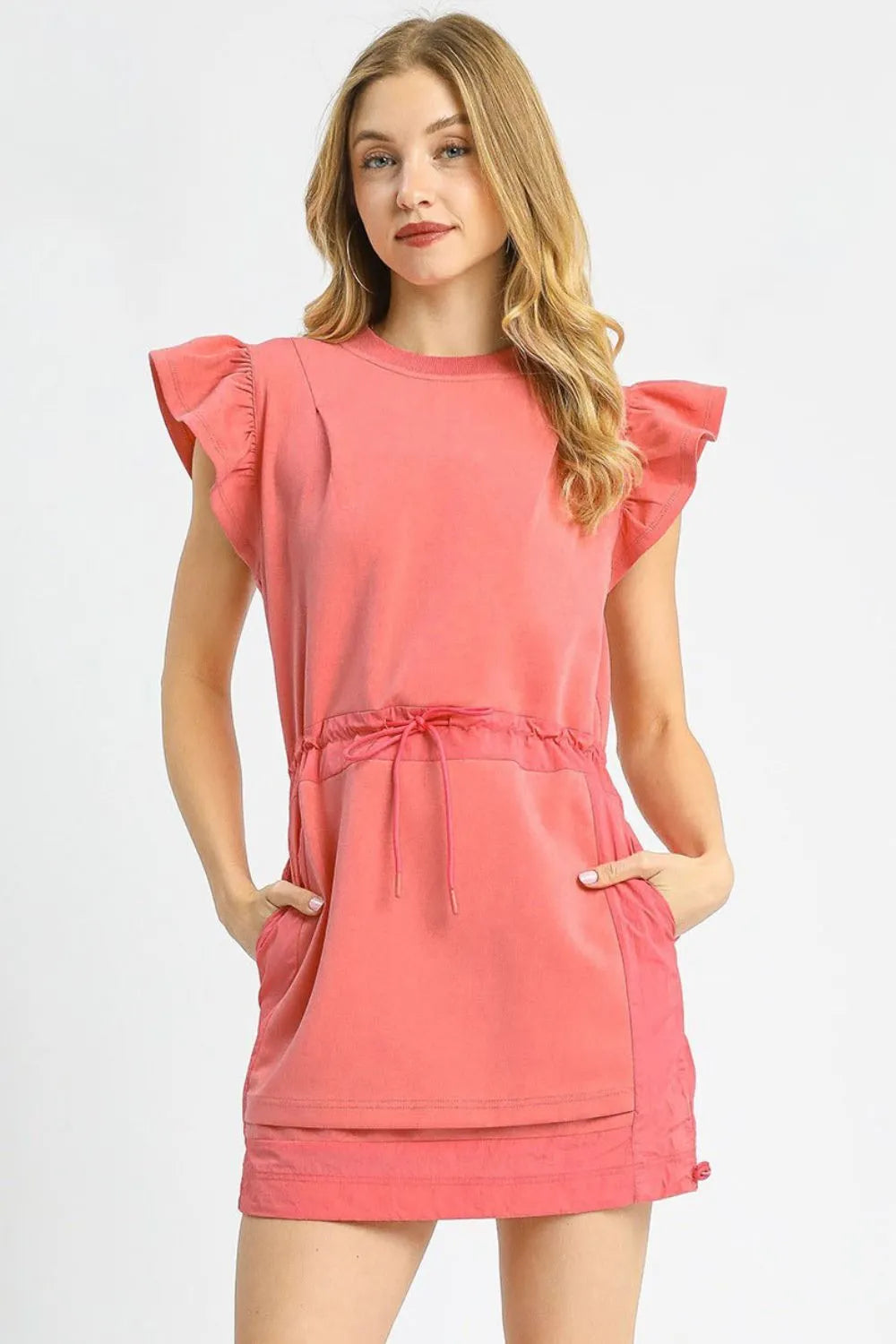 Umgee Luxe knit Ruffle Sleeve Drawstring Mini Dress-0