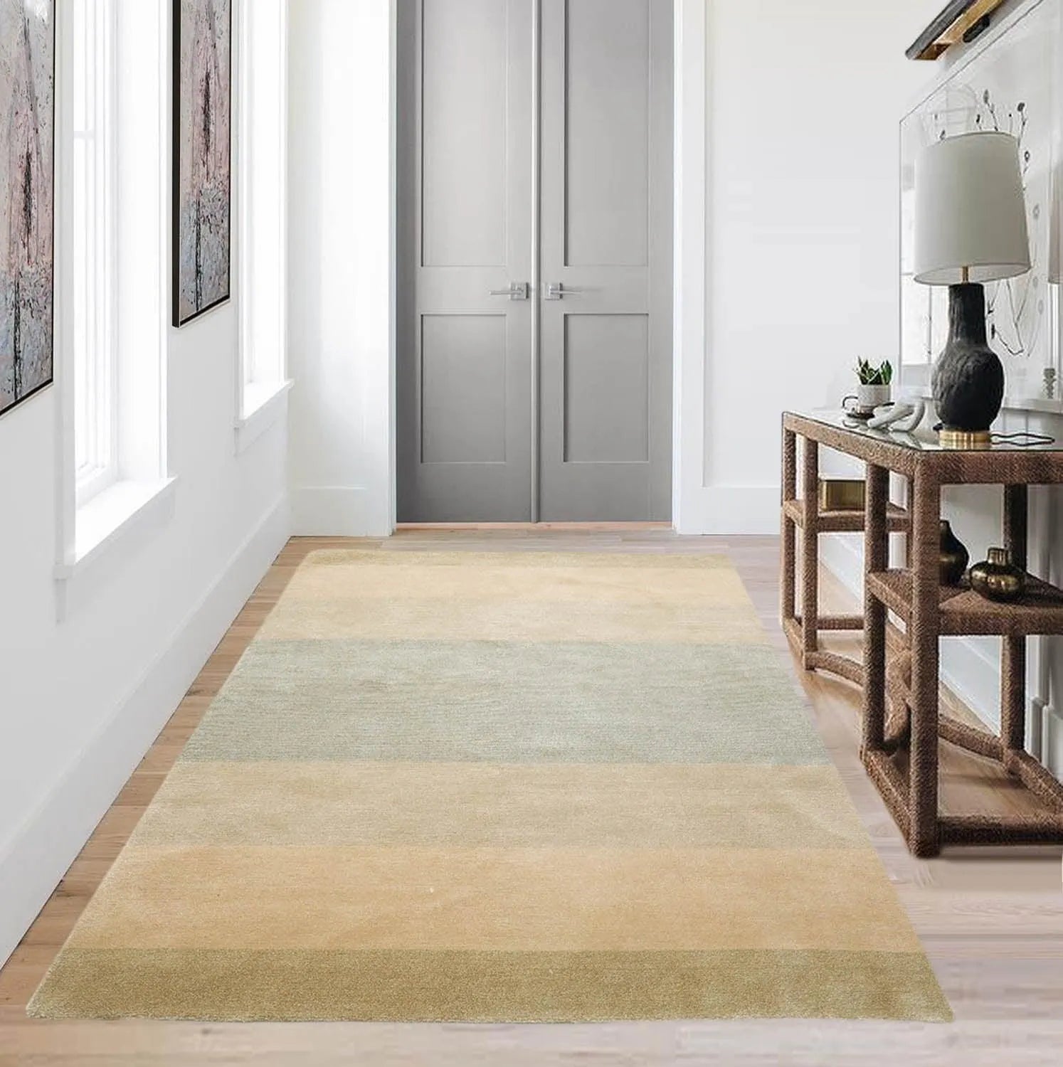 3'10''x6' Hand Knotted Tibetan Wool and Silk Tibetan Modern & Contemporary  Oriental Area Rug Aqua,Beige Color-0