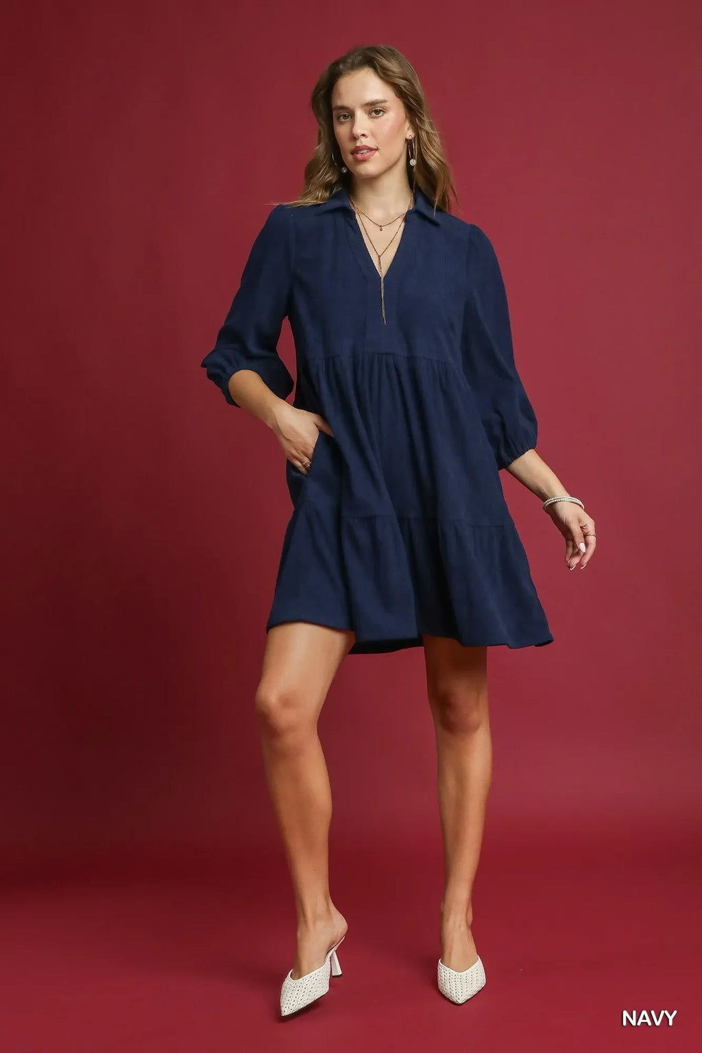 Umgee Tiered Corduroy Mini Dress with Balloon Sleeves-1
