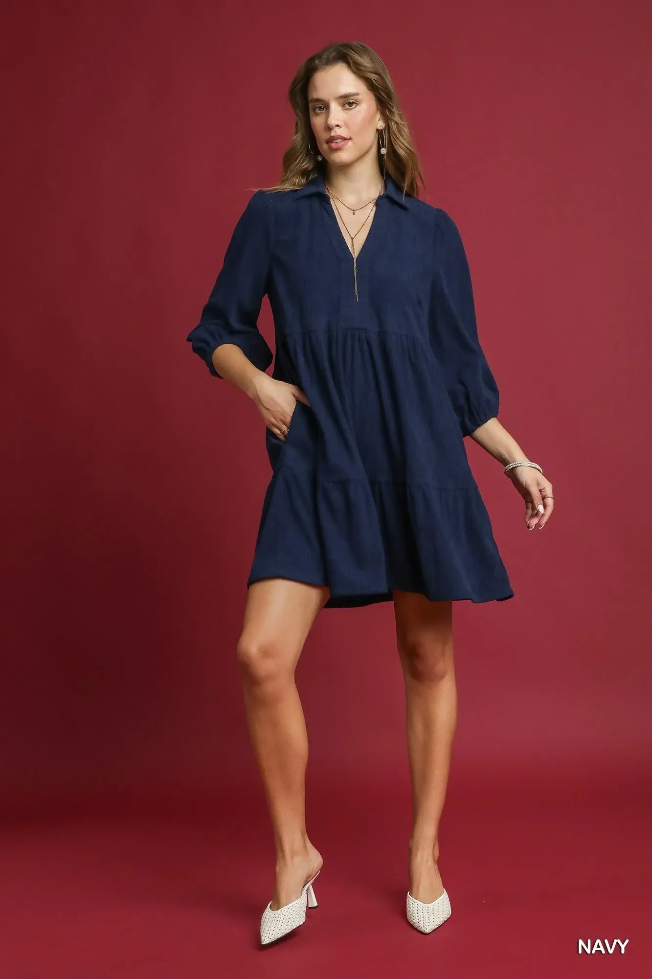Umgee Tiered Corduroy Mini Dress with Balloon Sleeves-1