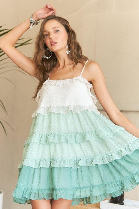 ADORA Swiss Dot Ruffled Tiered Mini Dress-3