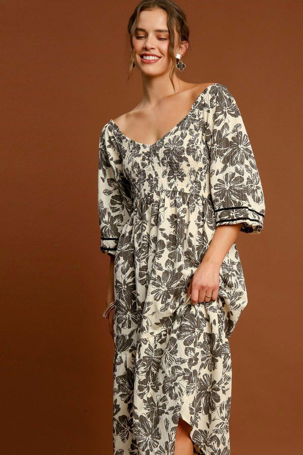 Umgee Ruffle Hem Flower Printed V-Neck Dress-3