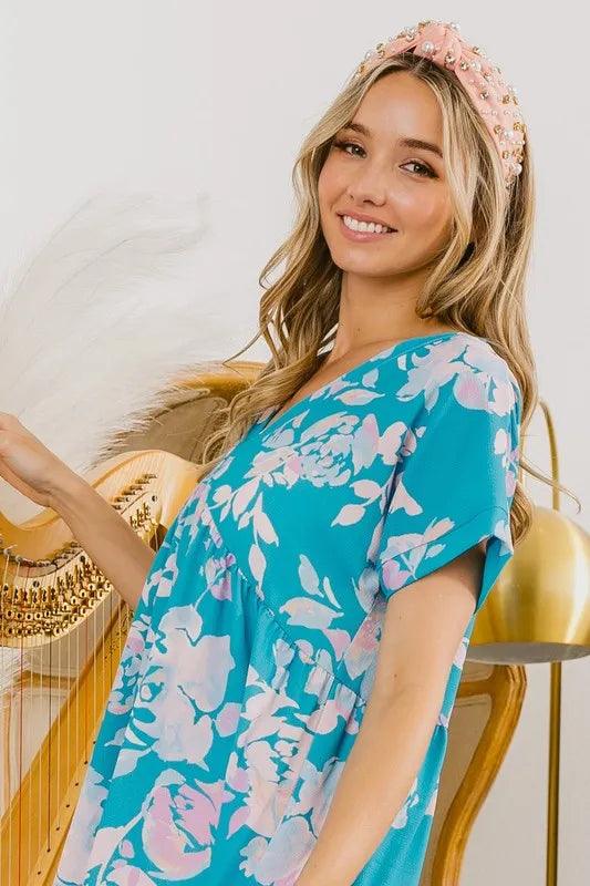 BiBi Floral Crinkle Shirred Ruffle Detail V Neck Dress-1