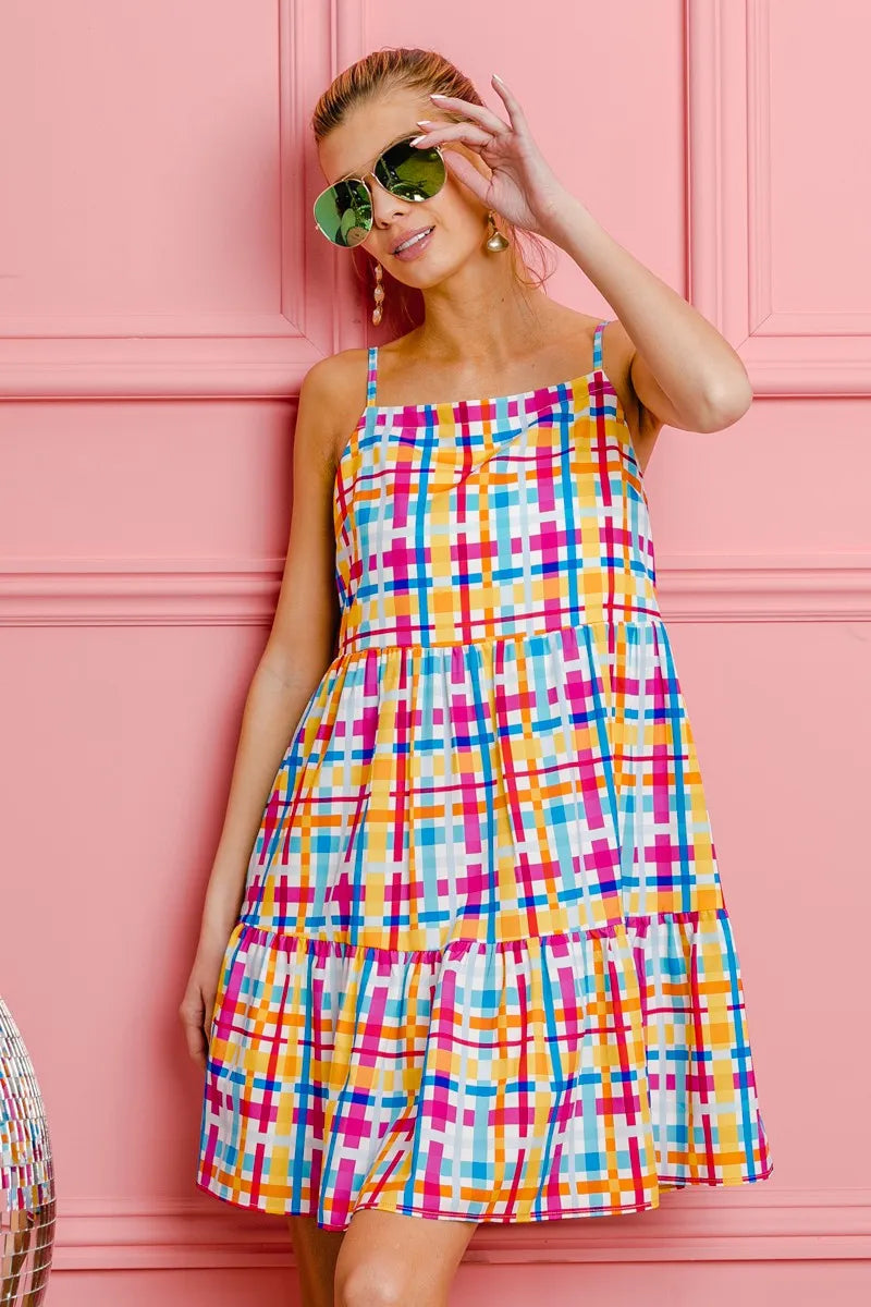 BiBi Multi Colors Plaid Sleeveless Sun Dress-4