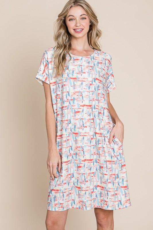 BOMBOM Printed Round Neck Short Sleeve Tee Dress-0