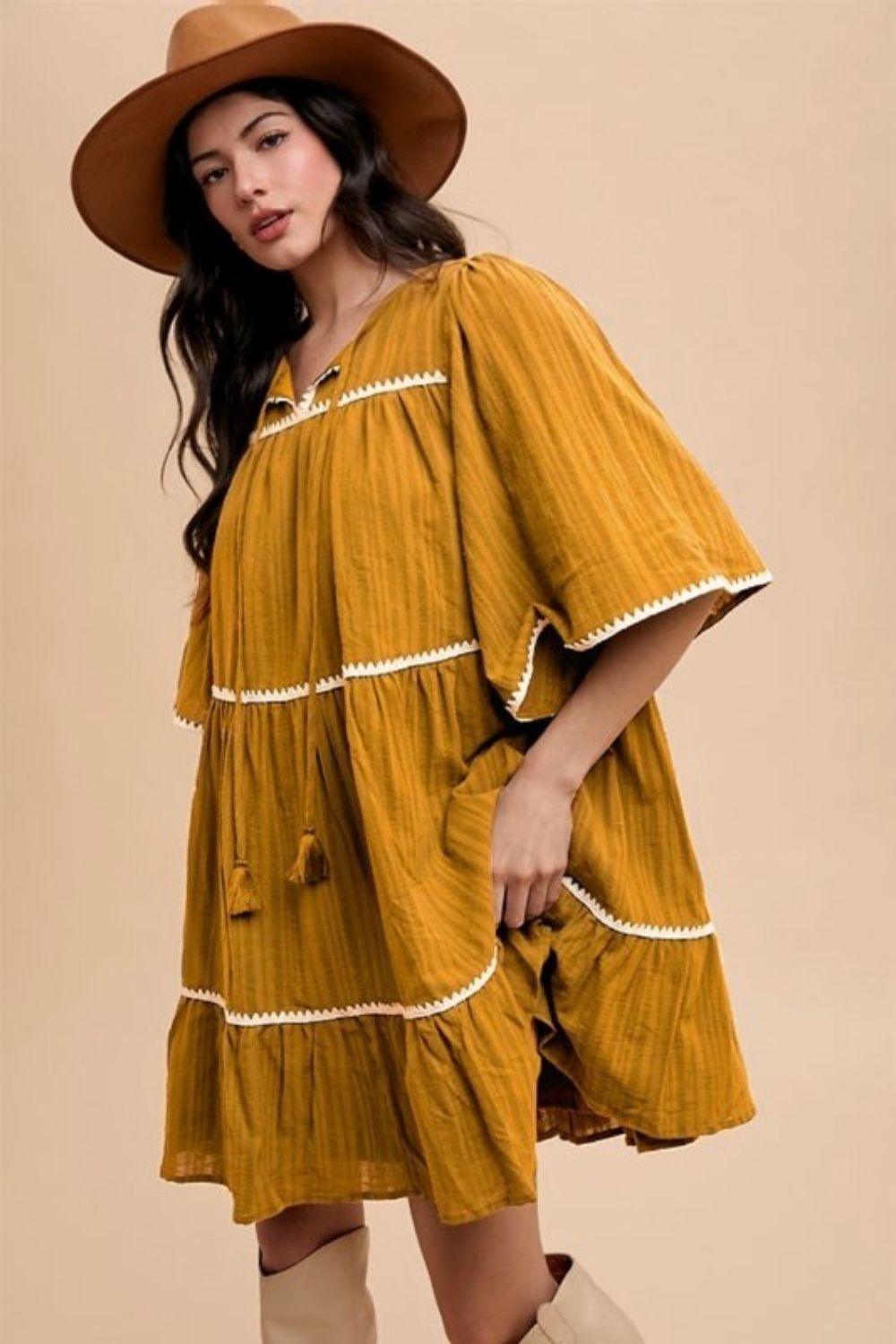 Annie Wear Tassel Contrast Trim Tie Neck Half Sleeve Tiered Dress-0