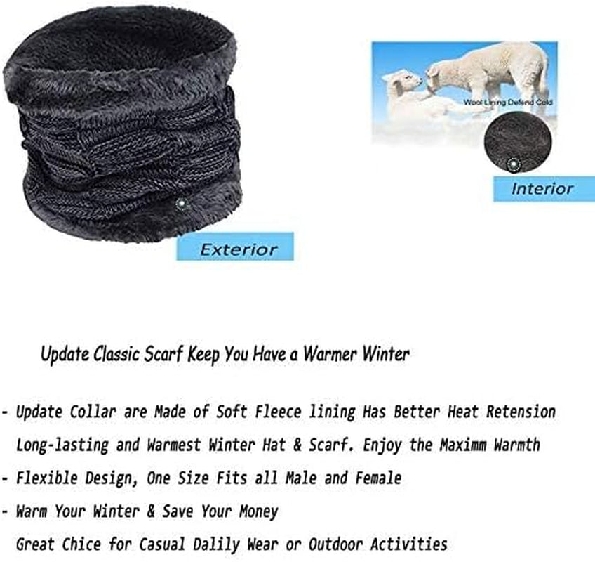 2Pieces Mens Winter Beanie Hat Fleece Lined Scarf Set Knit Warm Thick Skull Cap Neck Warmer for Men & Women