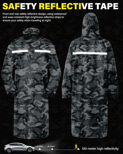 Raincoat Waterproof Long Rain Jacket Lightweight Rainwear Reflective with Packable Hood for Men Women Adults