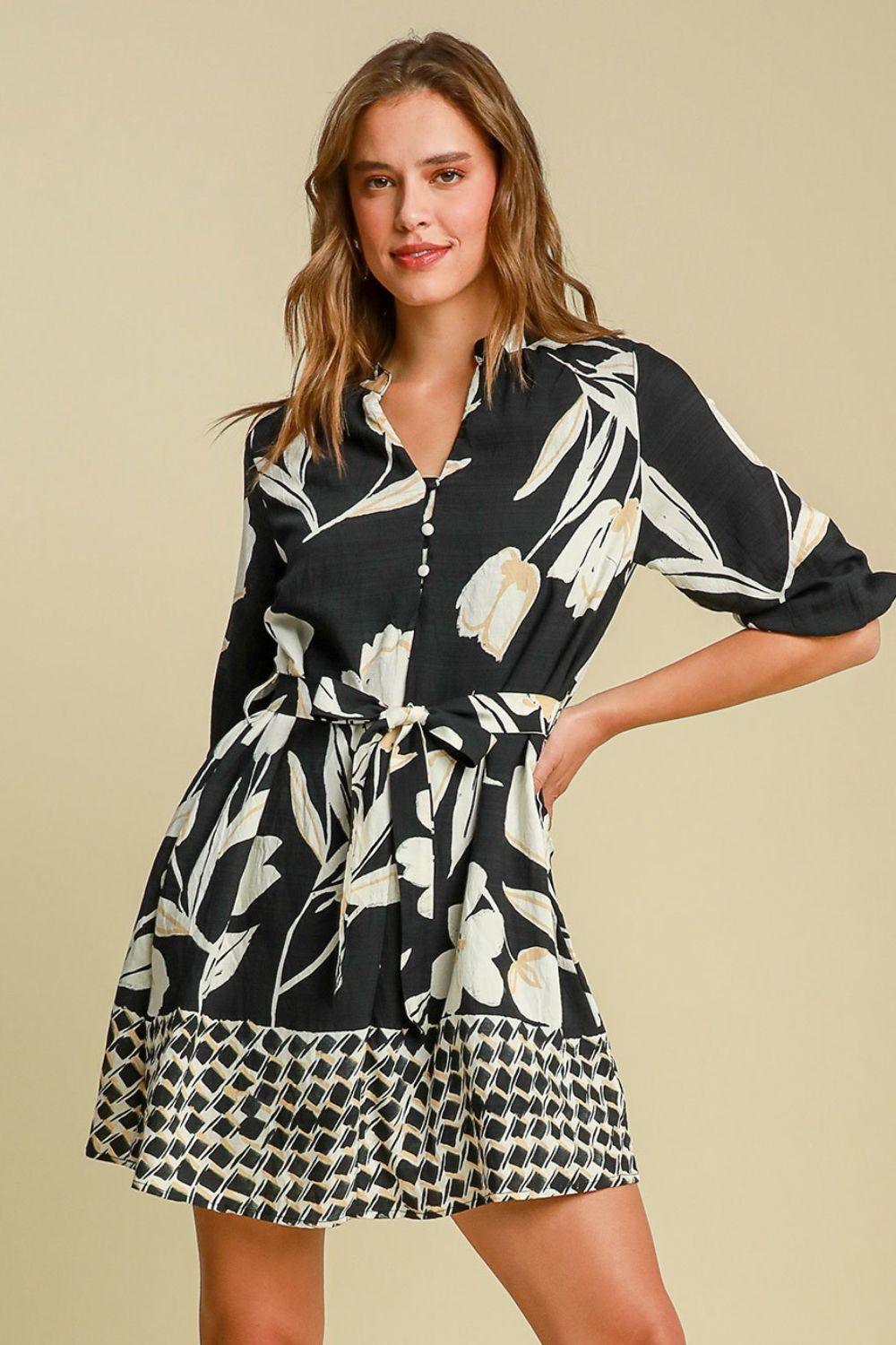 Umgee Full Size Floral Print Notched Tie Waist Mini Dress Plus Size-1