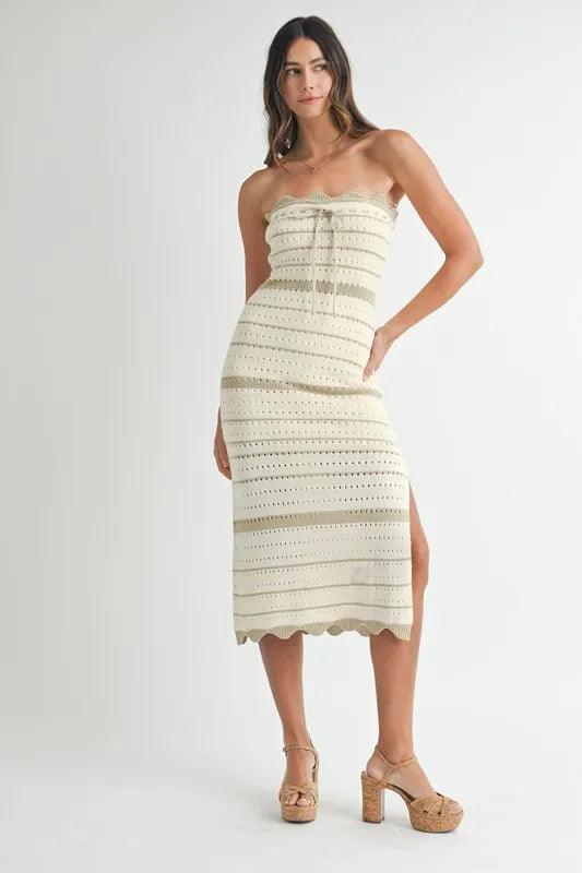 MABLE Contrast Striped Crochet Knit Midi Dress-4
