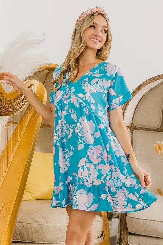BiBi Floral Crinkle Shirred Ruffle Detail V Neck Dress-2