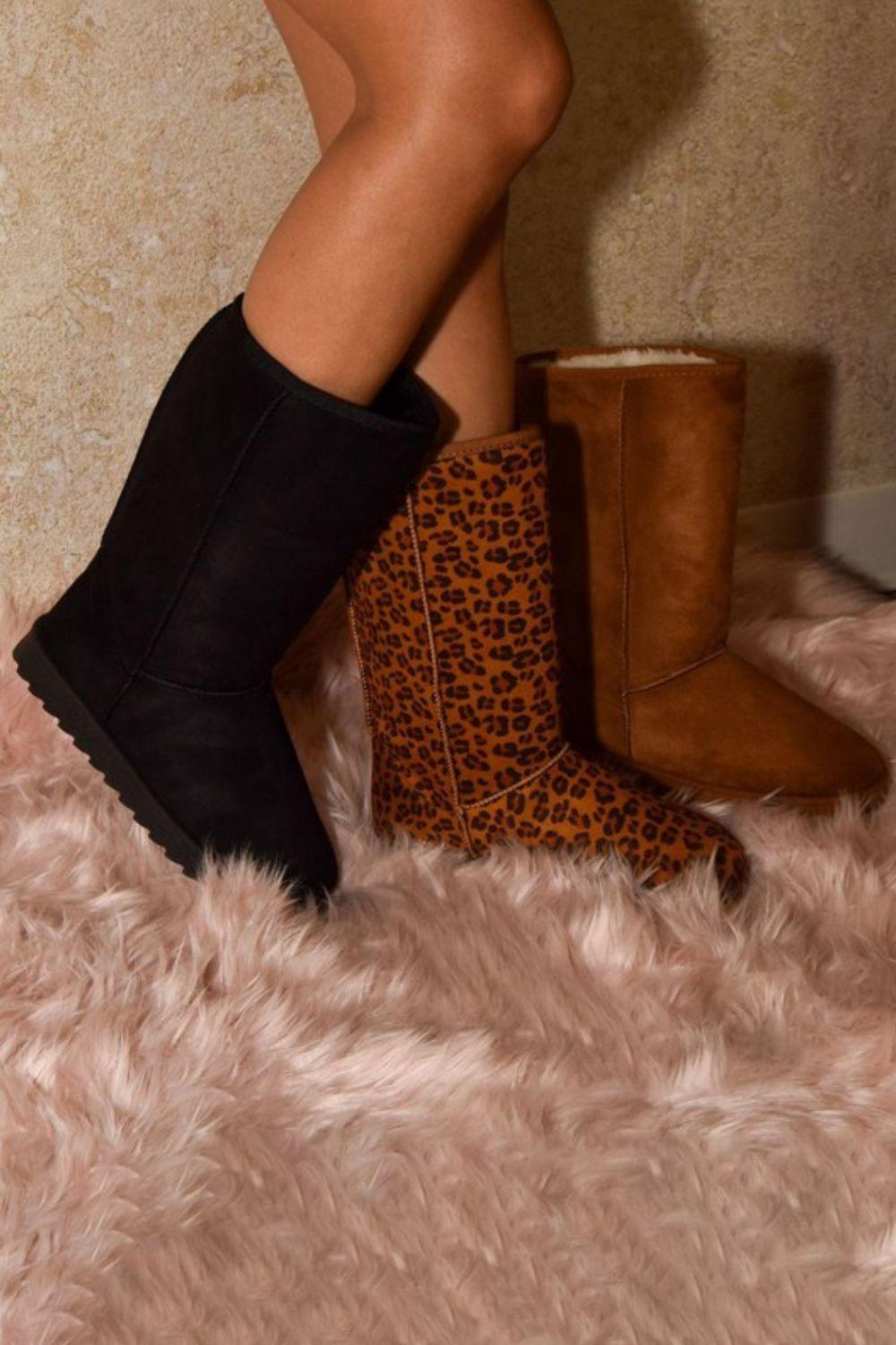 WILD DIVA Leopard Suede Round Toe Boots-1