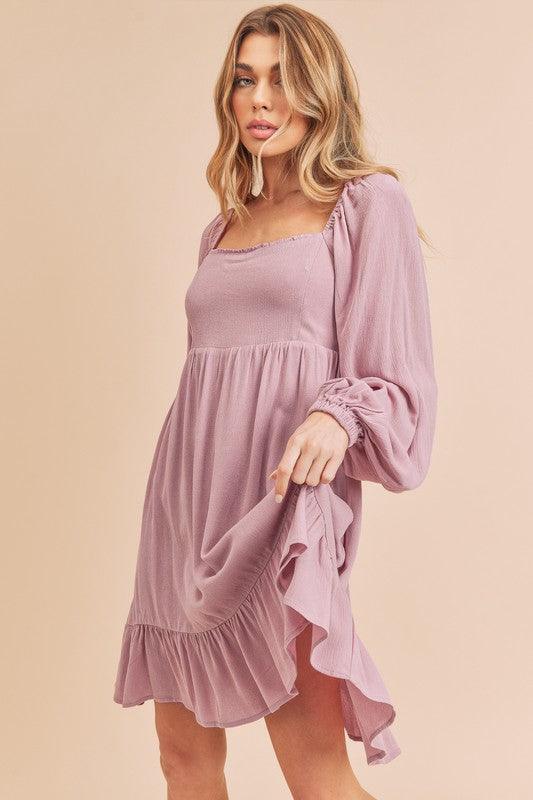 Aemi + Co Ruffled Hem Square Neck Balloon Sleeve Mini Dress-1