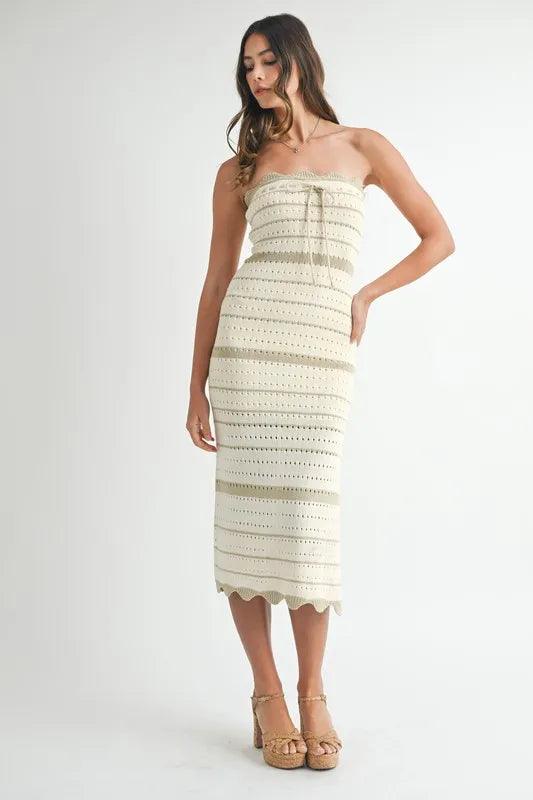 MABLE Contrast Striped Crochet Knit Midi Dress-0