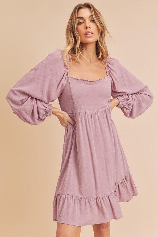 Aemi + Co Ruffled Hem Square Neck Balloon Sleeve Mini Dress-0