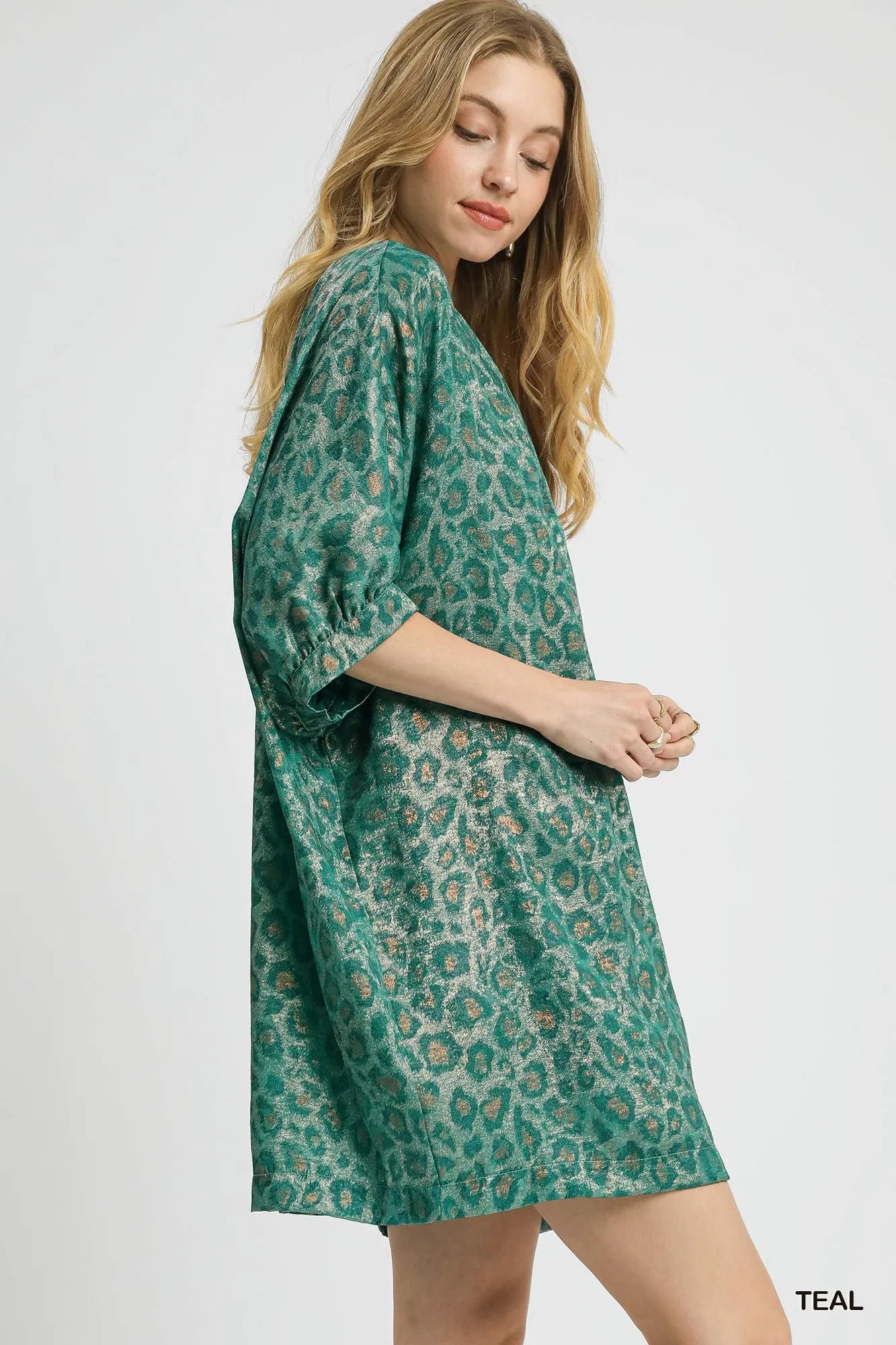 Umgee Metallic Leopard Print V-Neck Kimono Dress-1