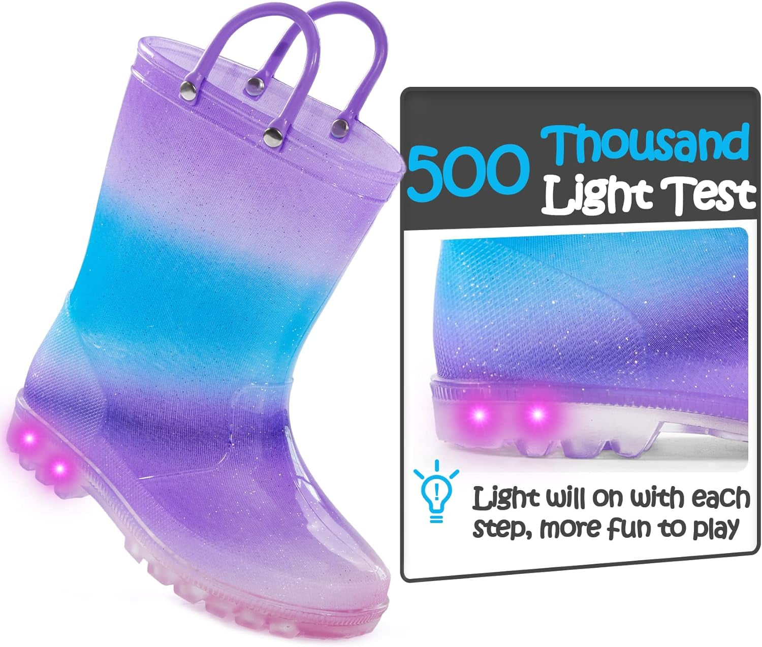 Kids Rain Boots, Waterproof Light up Boots with Easy-On Handles