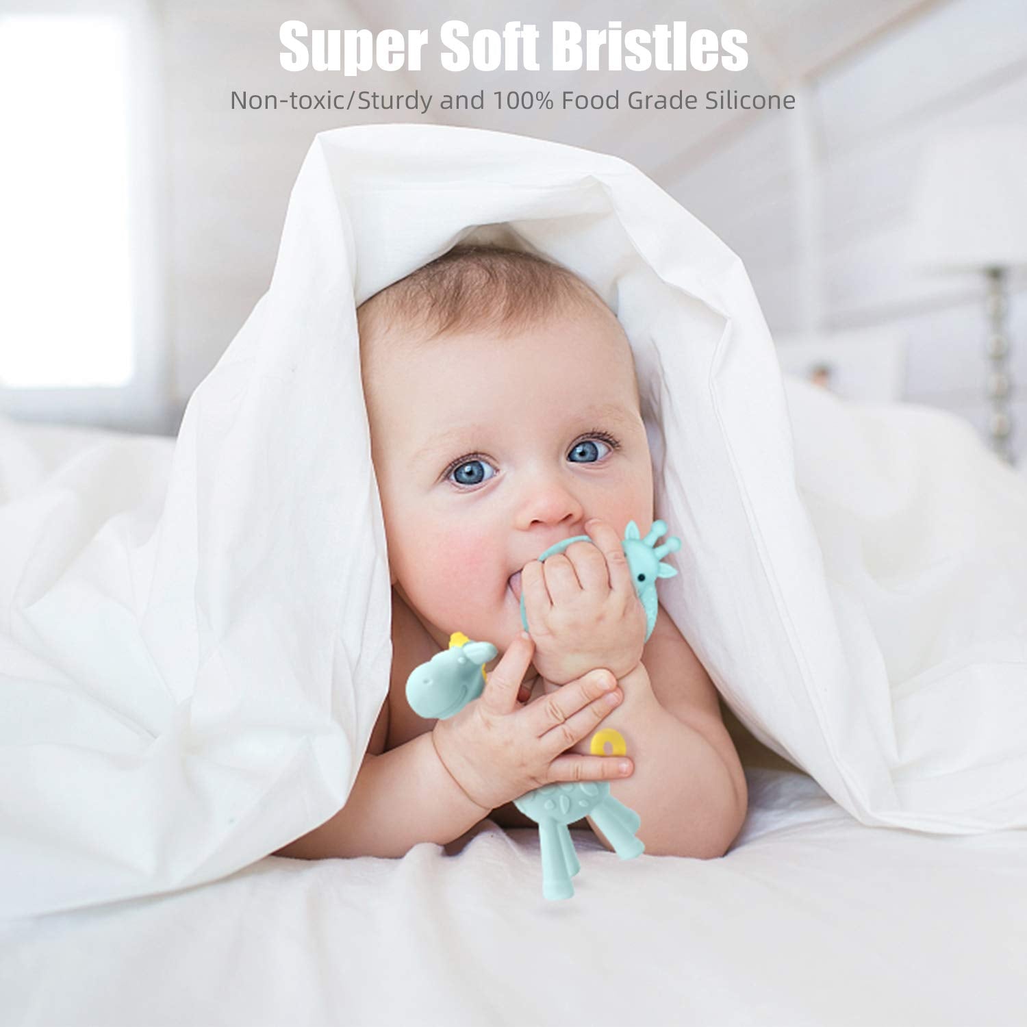 BPA Free Silicone Giraffe Baby Teether Toy with Storage Case, for 3 Months above Infant Sore Gums Pain Relief and Baby Shower, Baby Teething Toys (Blue)