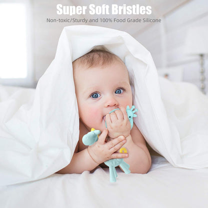 BPA Free Silicone Giraffe Baby Teether Toy with Storage Case, for 3 Months above Infant Sore Gums Pain Relief and Baby Shower, Baby Teething Toys (Blue)