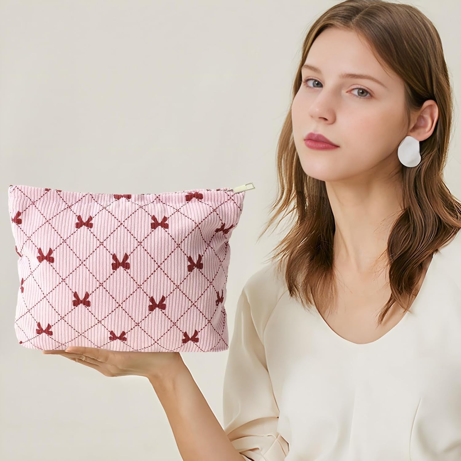 2PCS Cute Corduroy Makeup Bag Set for Women, Small Travel Toiletry Bag, Coquette Cosmetic Pouch with Bow, Portable Versatile Zipper Pouch - Pink