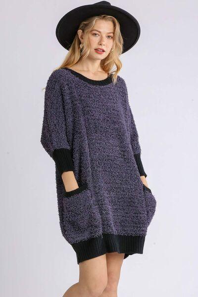 Umgee Full Size Ribbed Hem Round Neck 3/4 Sleeve Sweater Dress with Pockets Plus Size-1