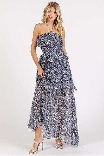 Mittoshop Ruffled Smocked Floral Halter Neck Maxi Dress-1
