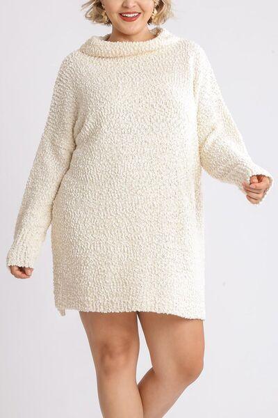 Umgee Full Size High Low Long Sleeve Boucle Sweater Dress Plus Size-3