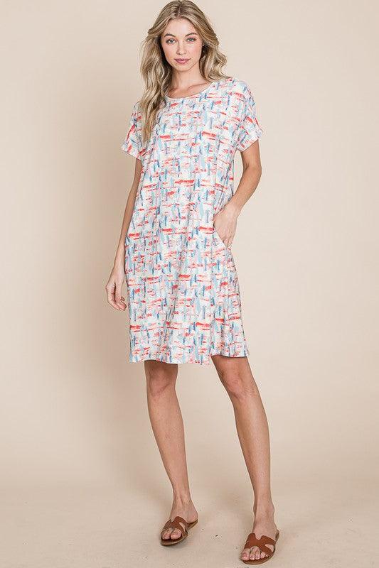 BOMBOM Printed Round Neck Short Sleeve Tee Dress-4