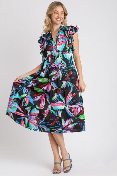 Umgee Full Size Leaf Print Double Layered Ruffle Sleeve Tiered Midi Dress Plus Size-0