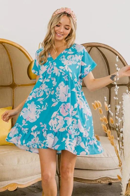 BiBi Floral Crinkle Shirred Ruffle Detail V Neck Dress-5