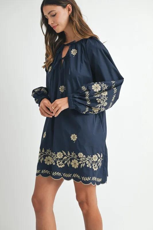 MABLE Embroidered Long Sleeve Peasant Mini Dress-4
