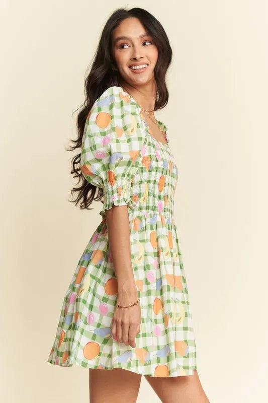 Davi & Dani Fruits Printed Smocking Mini Dress-2