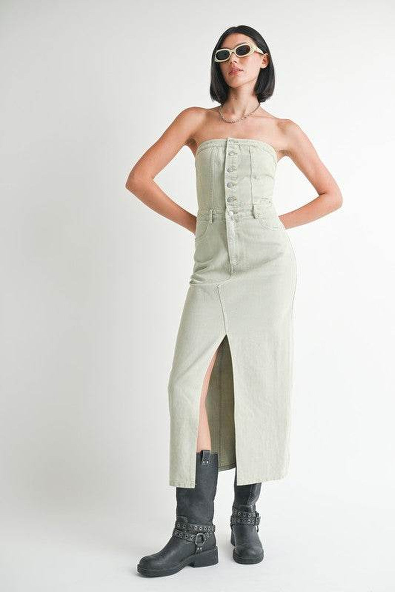 BUTTON up TUBE DENIM DRESS with SLIT