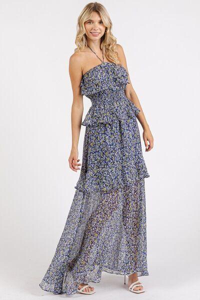 Mittoshop Ruffled Smocked Floral Halter Neck Maxi Dress-3