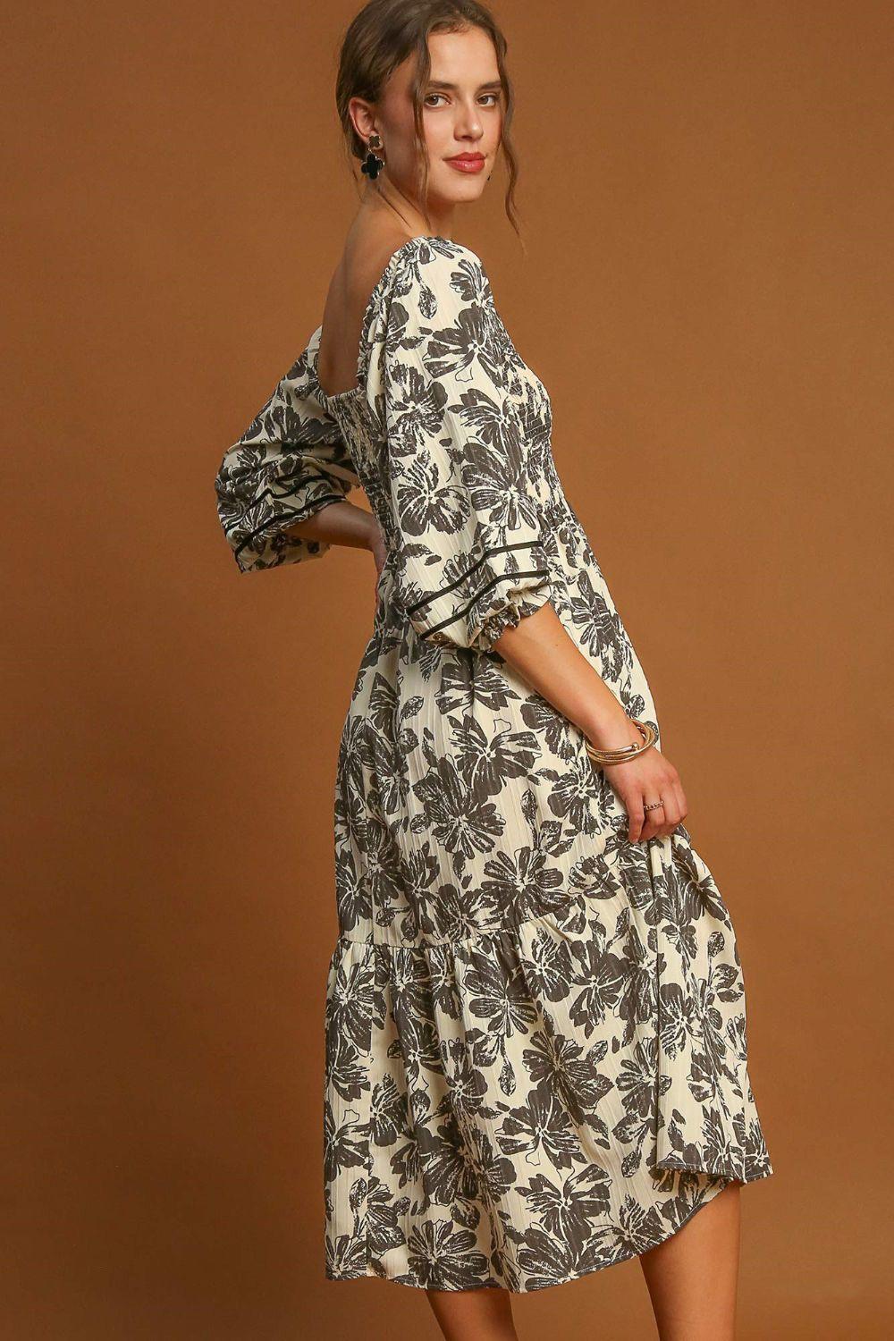 Umgee Ruffle Hem Flower Printed V-Neck Dress-2