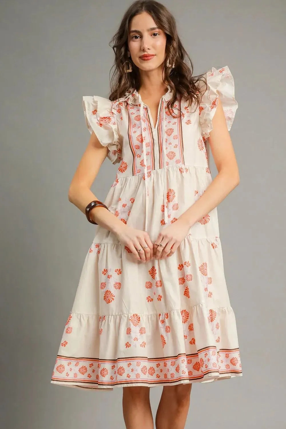 Umgee Printed Tie Neck Ruffle Cap Sleeve Dress-0